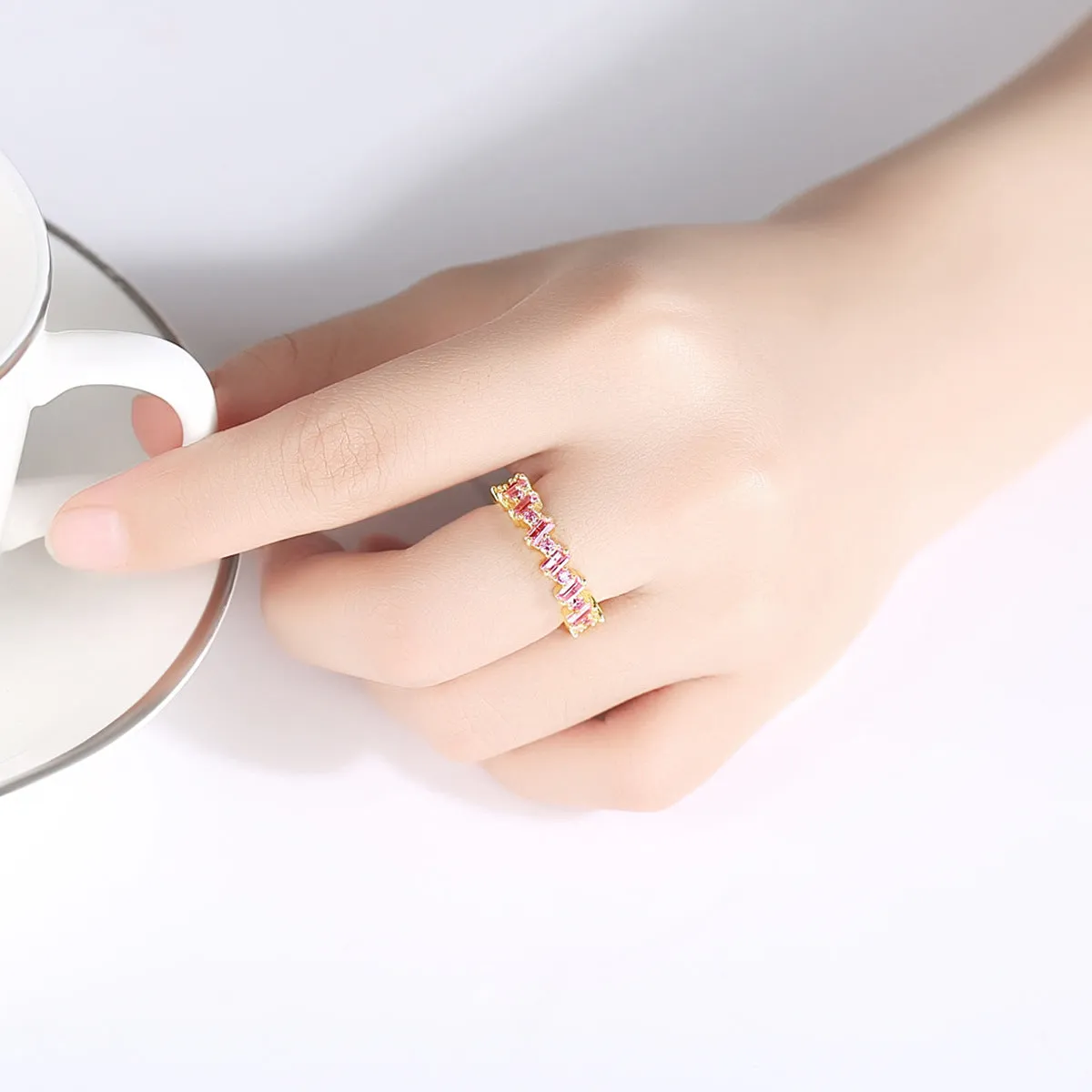 Pink Crystal & Cubic Zirconia Baguette-Cut Geometric Band