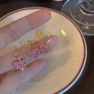 Pink Heart Necklace Earrings Jewelry Sets for Women Aretes De Mujer Pendientes Collares Para Mujer Sweet Chain Aesthetic Cute