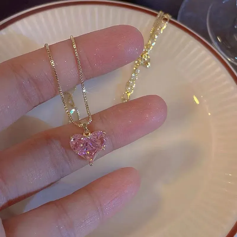 Pink Heart Necklace Earrings Jewelry Sets for Women Aretes De Mujer Pendientes Collares Para Mujer Sweet Chain Aesthetic Cute