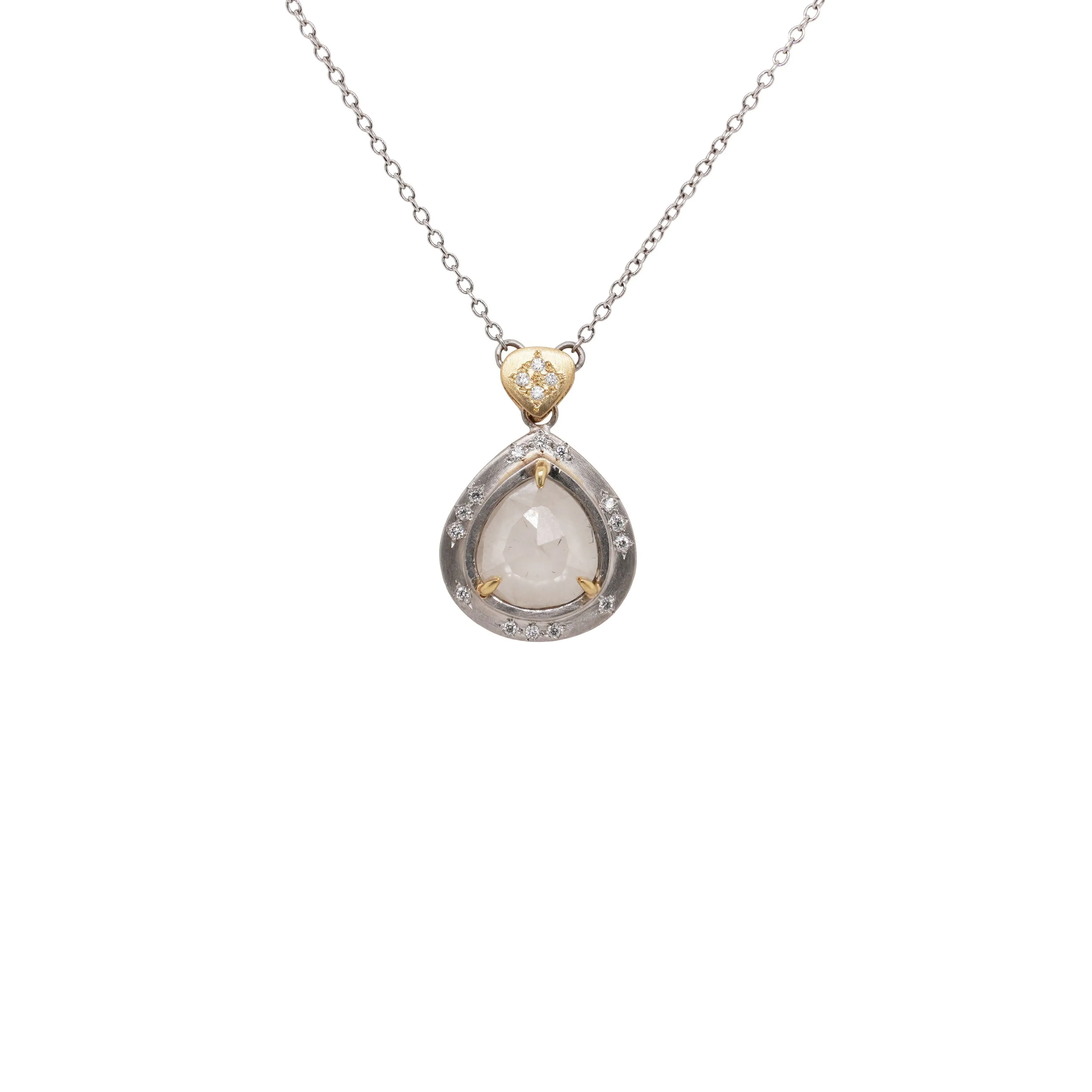 Platinum and Gold Rose Cut Tear Shaped Diamond Pendant