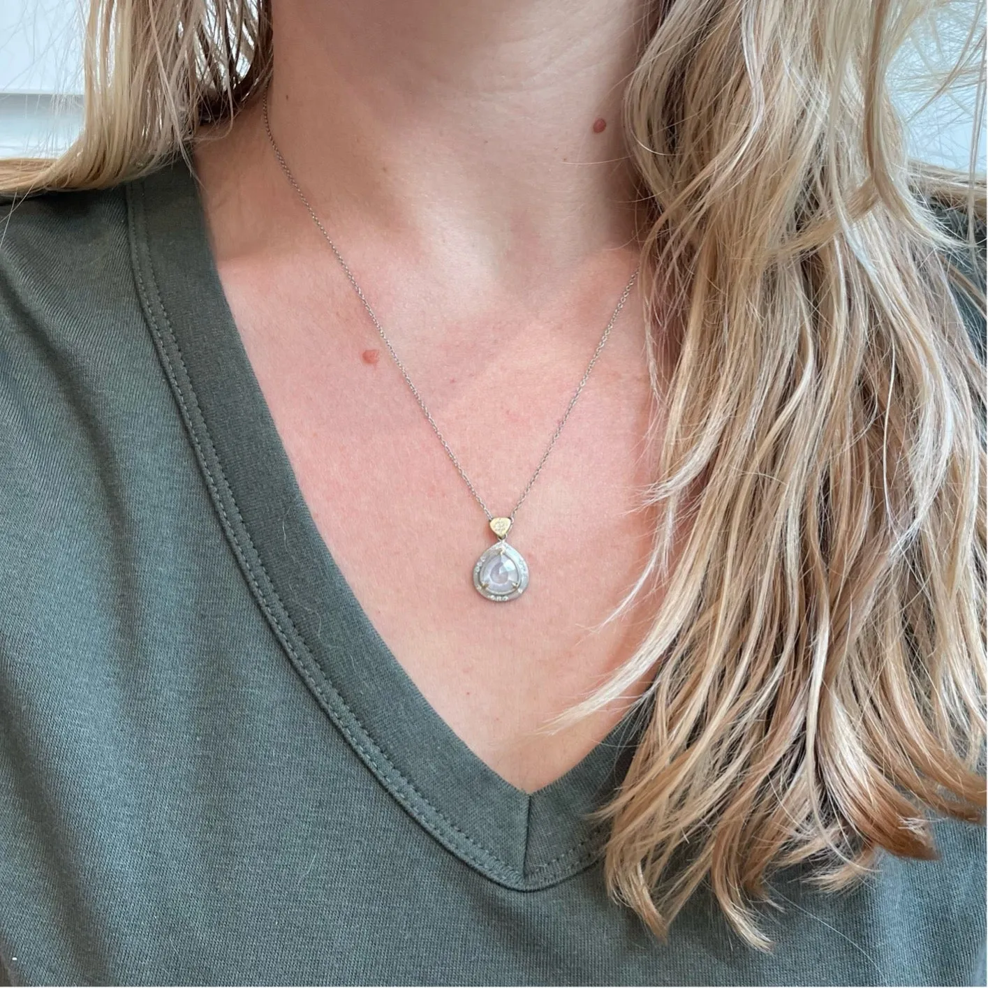 Platinum and Gold Rose Cut Tear Shaped Diamond Pendant