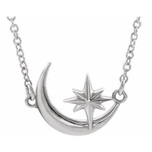 Platinum Crescent Moon & Star 16-18" Necklace