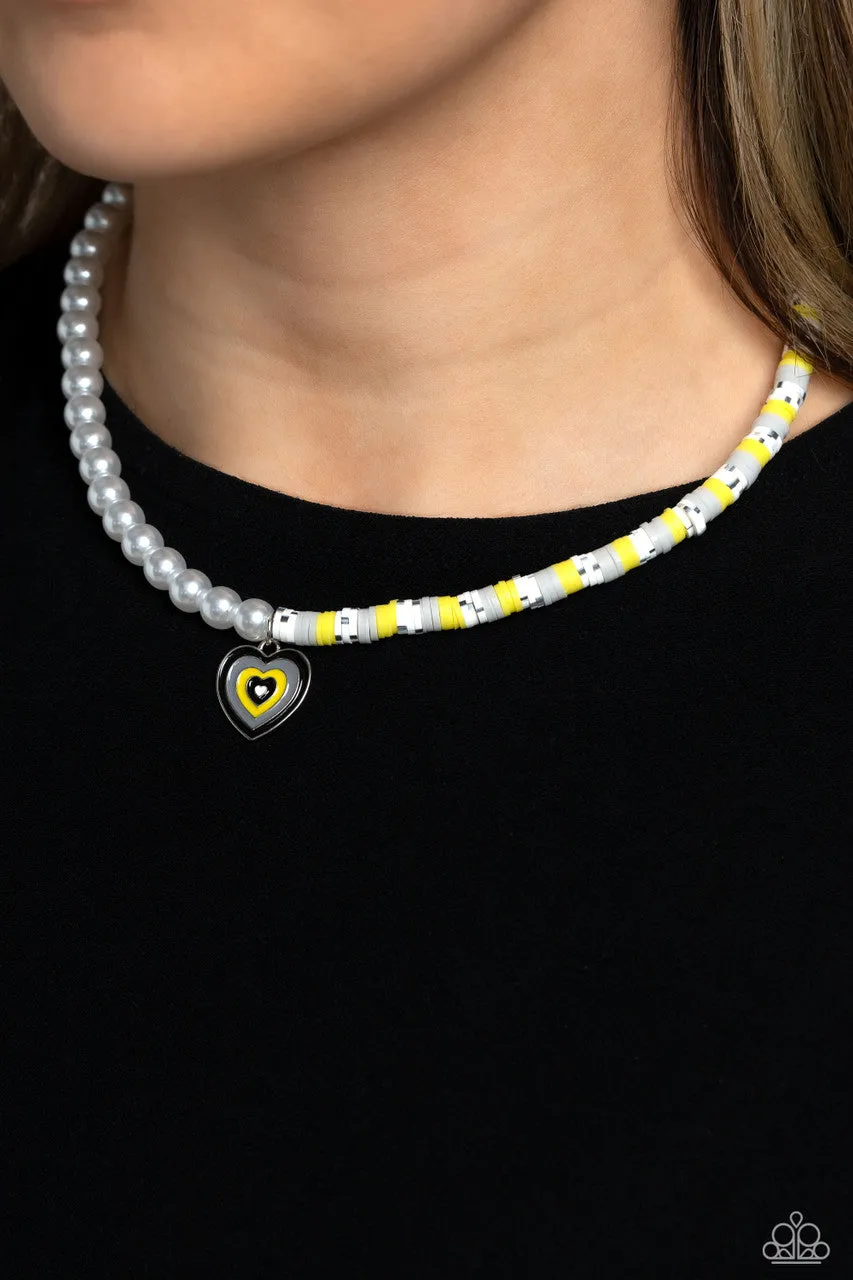 Precise Psychedelic - Black - and Yellow Clay Bead and Heart White Pearl Paparazzi Short Necklace