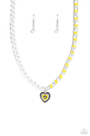 Precise Psychedelic - Black - and Yellow Clay Bead and Heart White Pearl Paparazzi Short Necklace