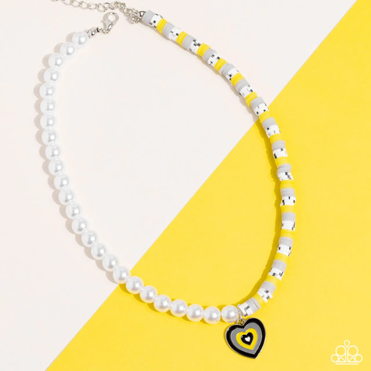 Precise Psychedelic - Black - and Yellow Clay Bead and Heart White Pearl Paparazzi Short Necklace
