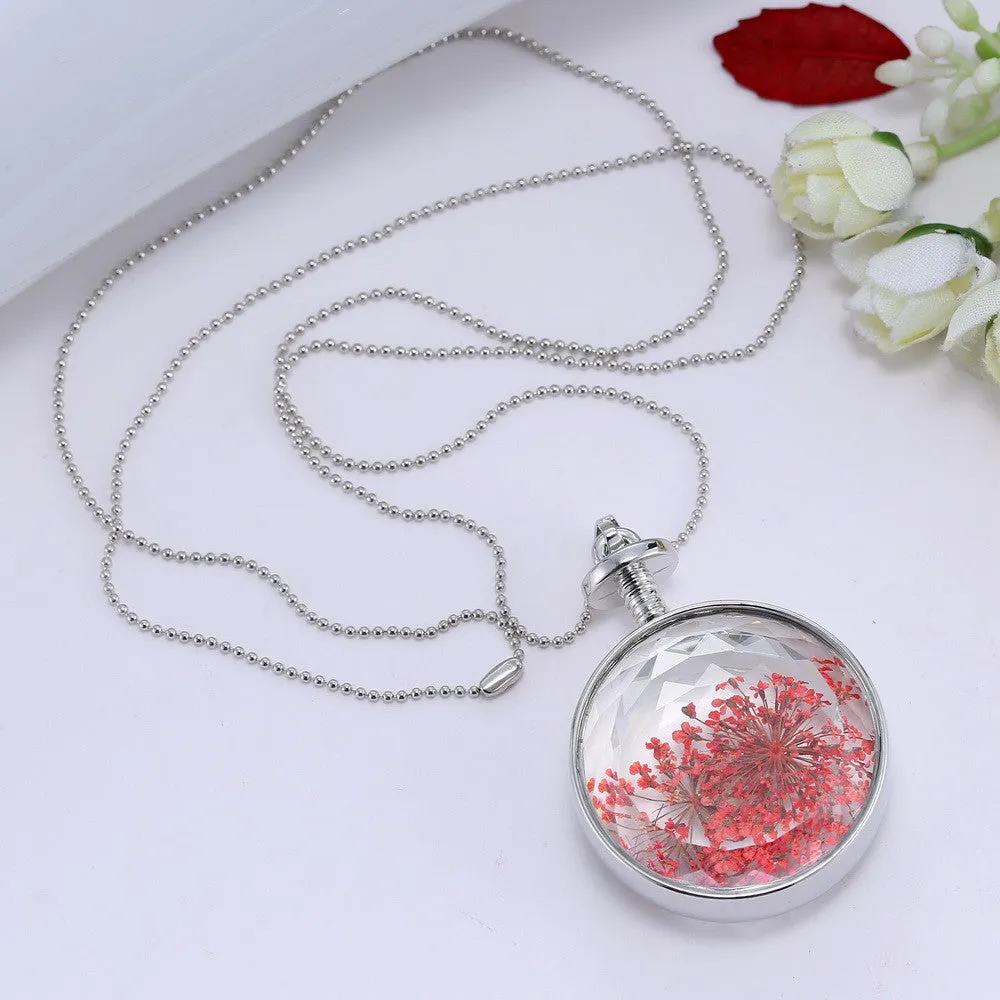 Pressed Flower Circle Shaped Charm Pendant Necklace