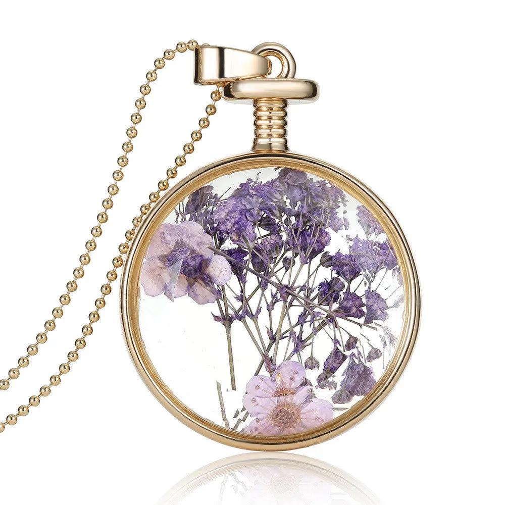 Pressed Flower Circle Shaped Charm Pendant Necklace