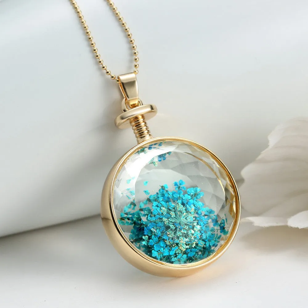 Pressed Flower Circle Shaped Charm Pendant Necklace
