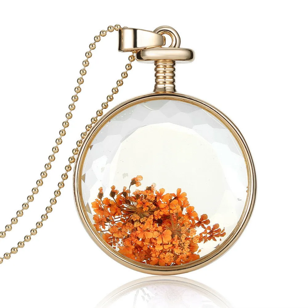 Pressed Flower Circle Shaped Charm Pendant Necklace