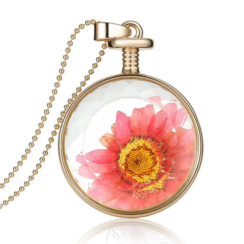Pressed Flower Circle Shaped Charm Pendant Necklace