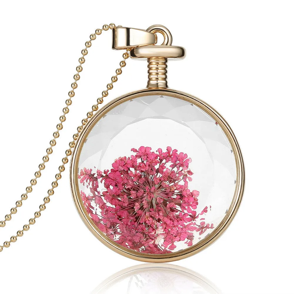 Pressed Flower Circle Shaped Charm Pendant Necklace