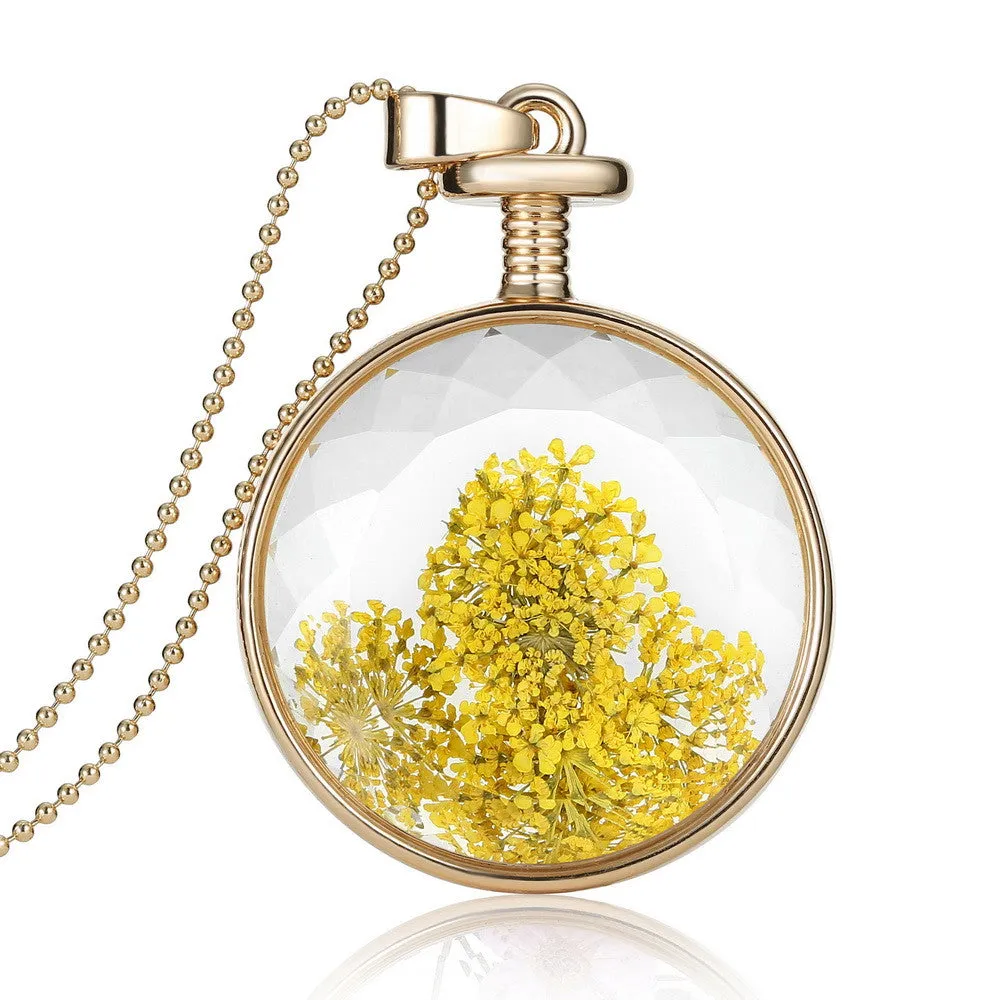 Pressed Flower Circle Shaped Charm Pendant Necklace