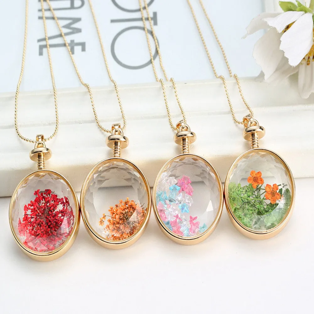 Pressed Flower Circle Shaped Charm Pendant Necklace