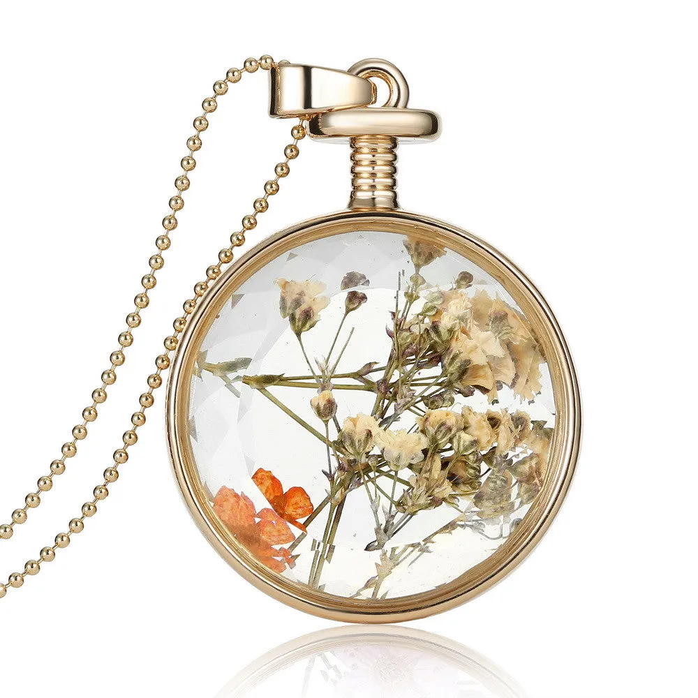 Pressed Flower Circle Shaped Charm Pendant Necklace