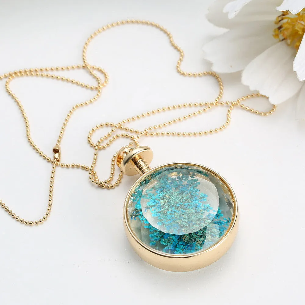 Pressed Flower Circle Shaped Charm Pendant Necklace