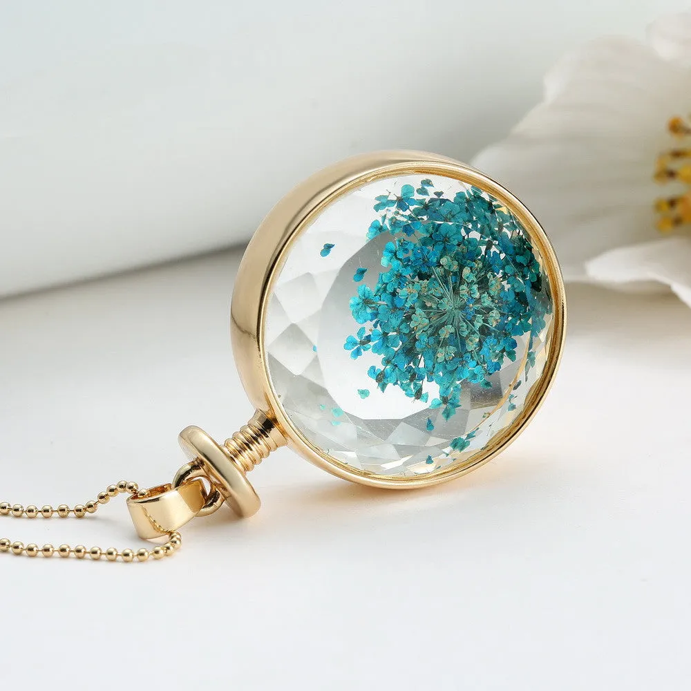 Pressed Flower Circle Shaped Charm Pendant Necklace