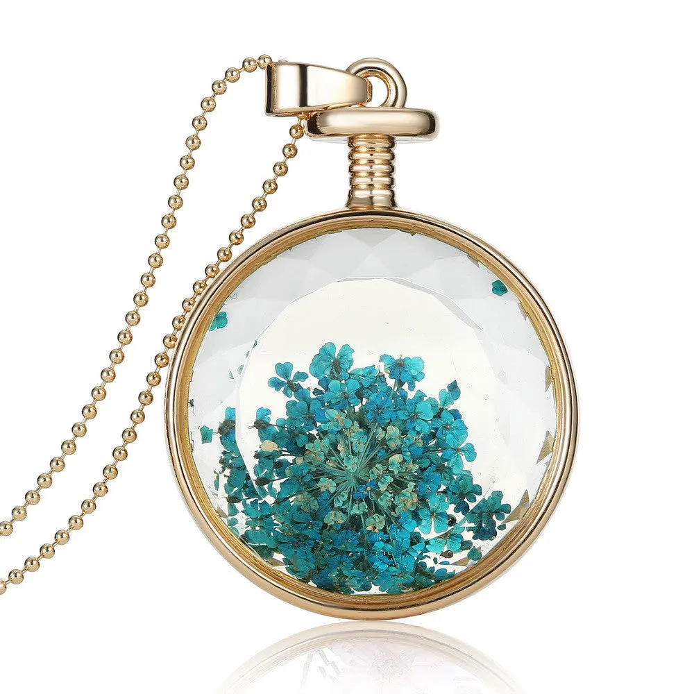 Pressed Flower Circle Shaped Charm Pendant Necklace