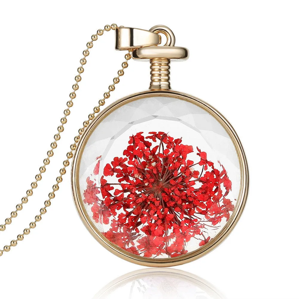 Pressed Flower Circle Shaped Charm Pendant Necklace