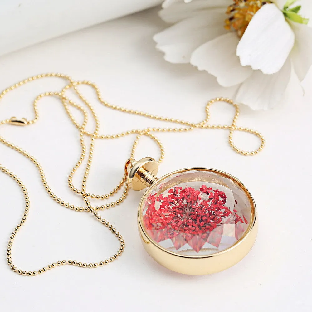 Pressed Flower Circle Shaped Charm Pendant Necklace