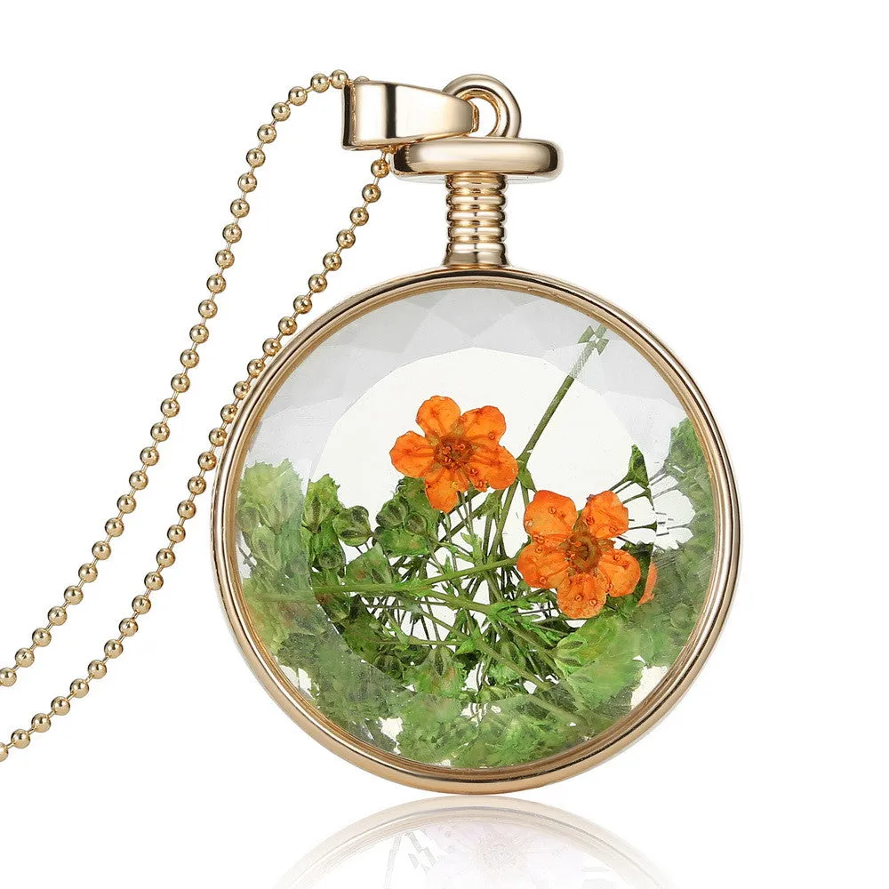 Pressed Flower Circle Shaped Charm Pendant Necklace