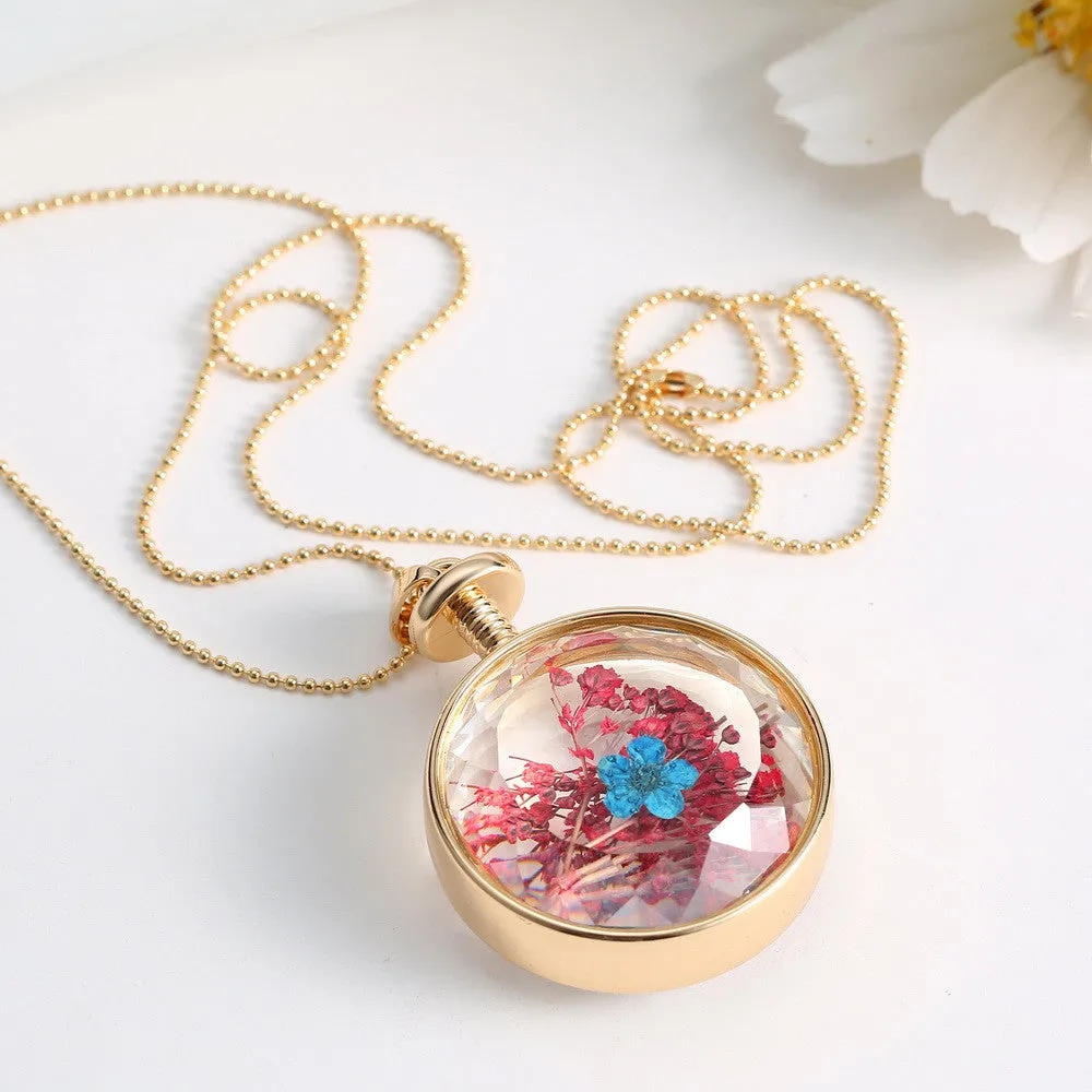 Pressed Flower Circle Shaped Charm Pendant Necklace