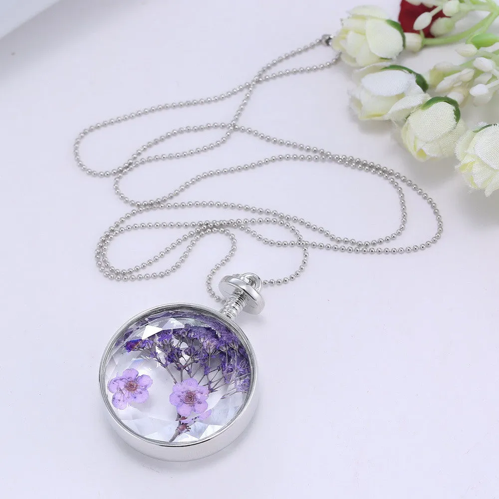 Pressed Flower Circle Shaped Charm Pendant Necklace