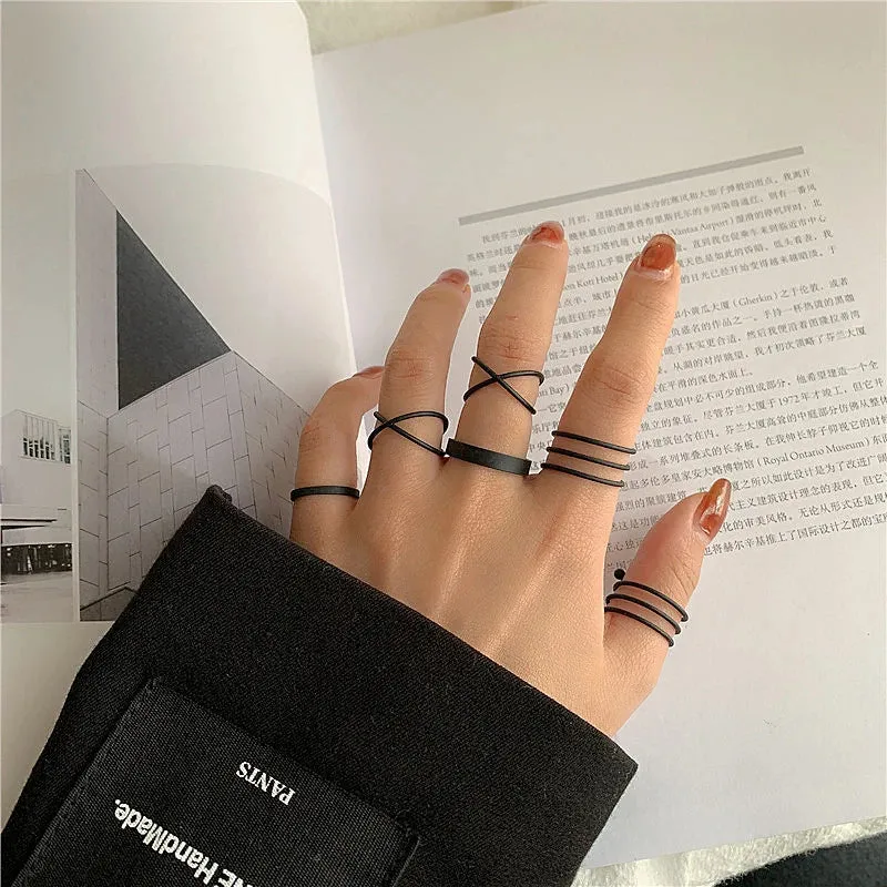Punk Snake Black Rings Set For Women Vintage Geometric Metal Cross Rings Set