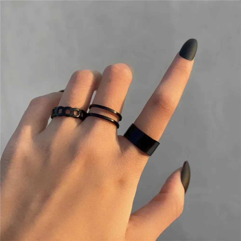 Punk Snake Black Rings Set For Women Vintage Geometric Metal Cross Rings Set