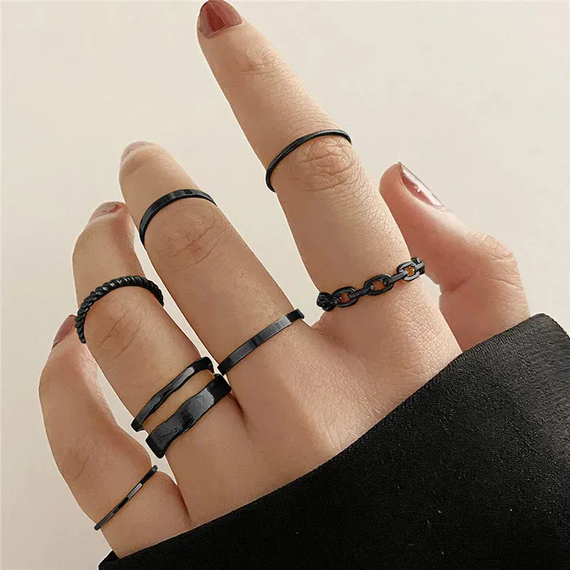 Punk Snake Black Rings Set For Women Vintage Geometric Metal Cross Rings Set