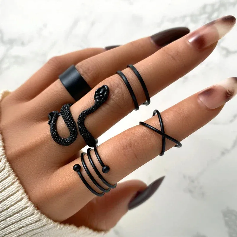 Punk Snake Black Rings Set For Women Vintage Geometric Metal Cross Rings Set