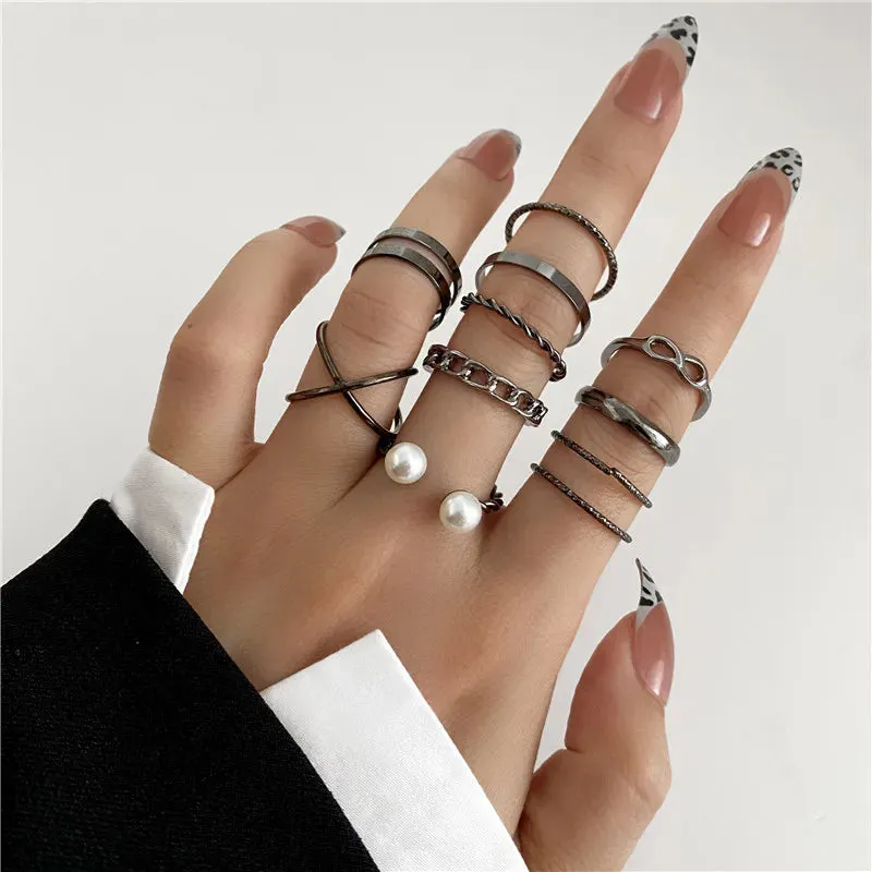 Punk Snake Black Rings Set For Women Vintage Geometric Metal Cross Rings Set