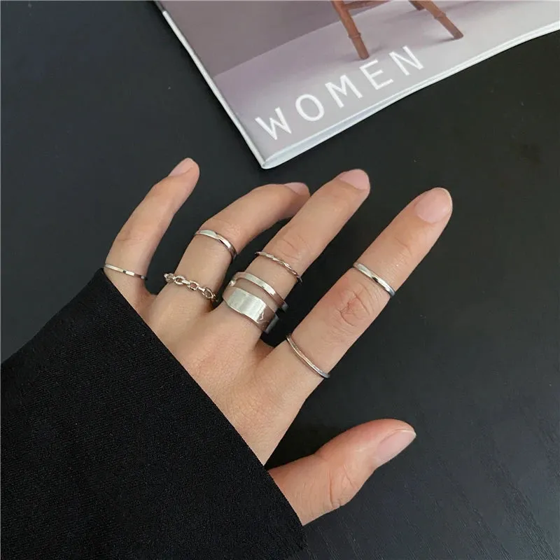 Punk Snake Black Rings Set For Women Vintage Geometric Metal Cross Rings Set