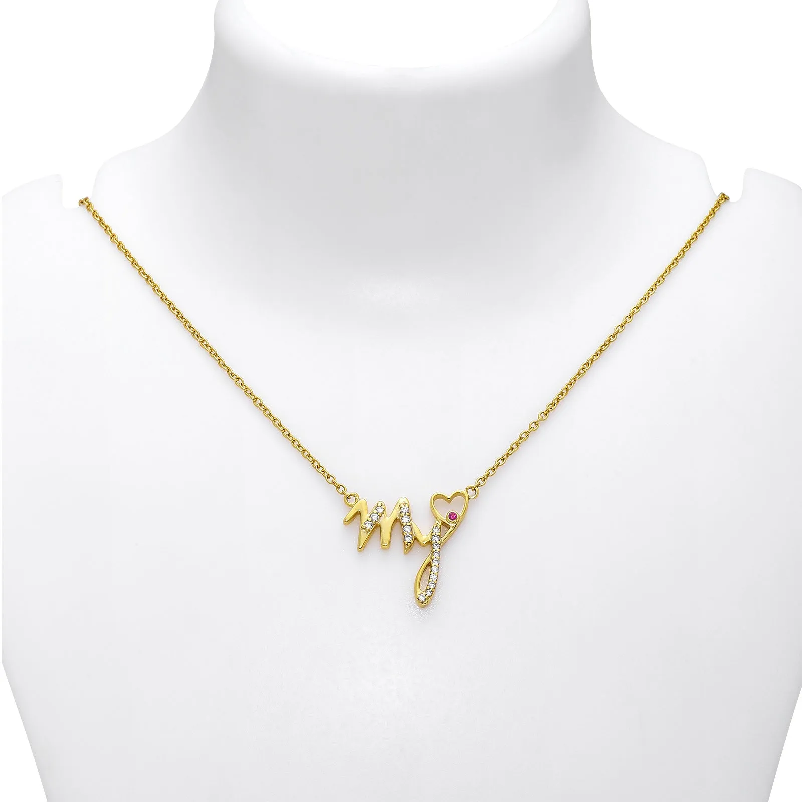 Pure Silver Necklace - Ruby Heart “My” Gold-plated Pendant Necklace