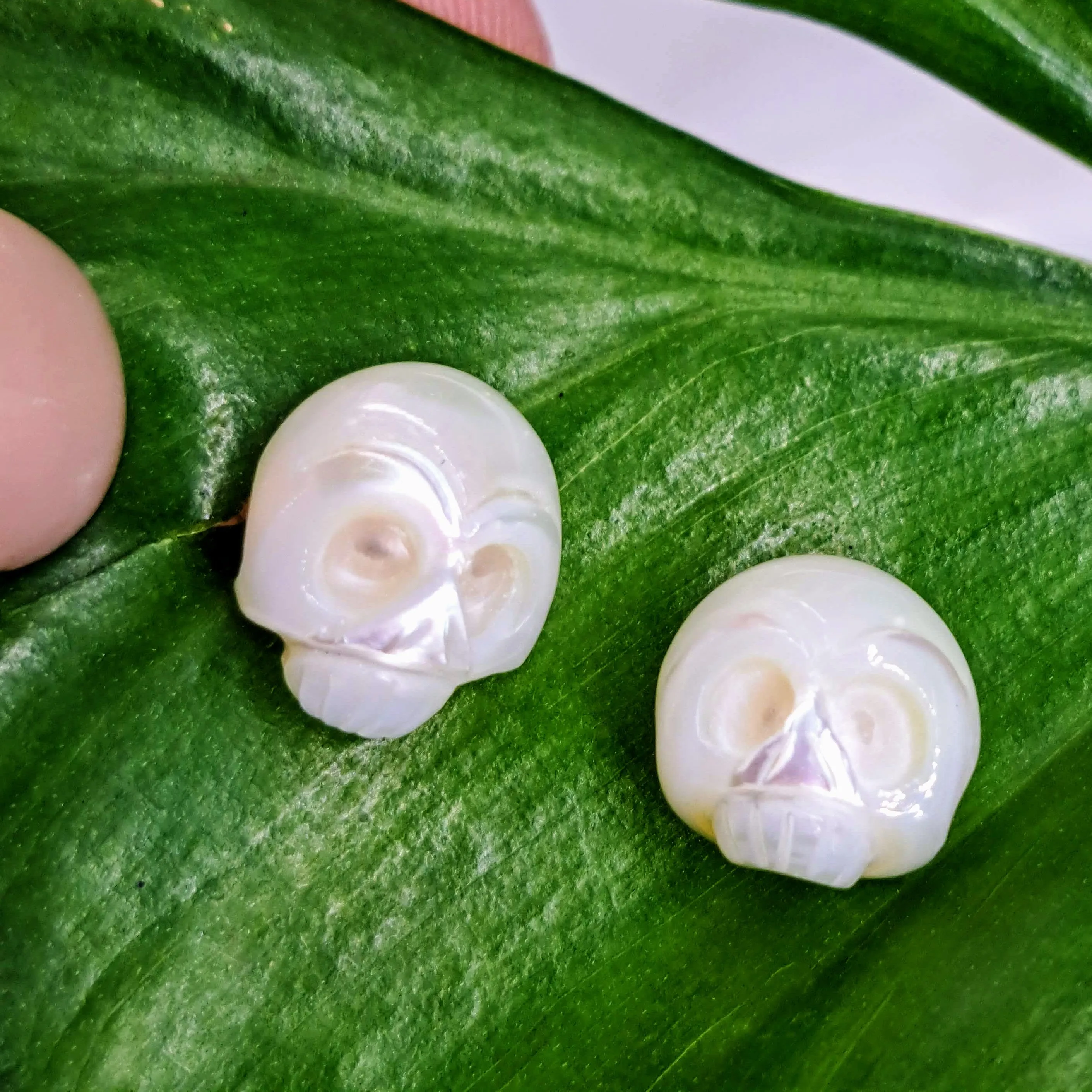"Sugar Skull" .5" Stud Earrings - Hand-carved Pearls, Sterling
