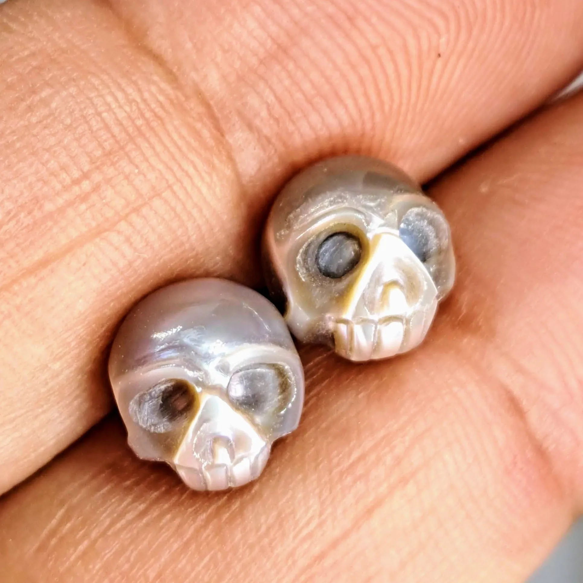 "Sugar Skull" .5" Stud Earrings - Hand-carved Pearls, Sterling