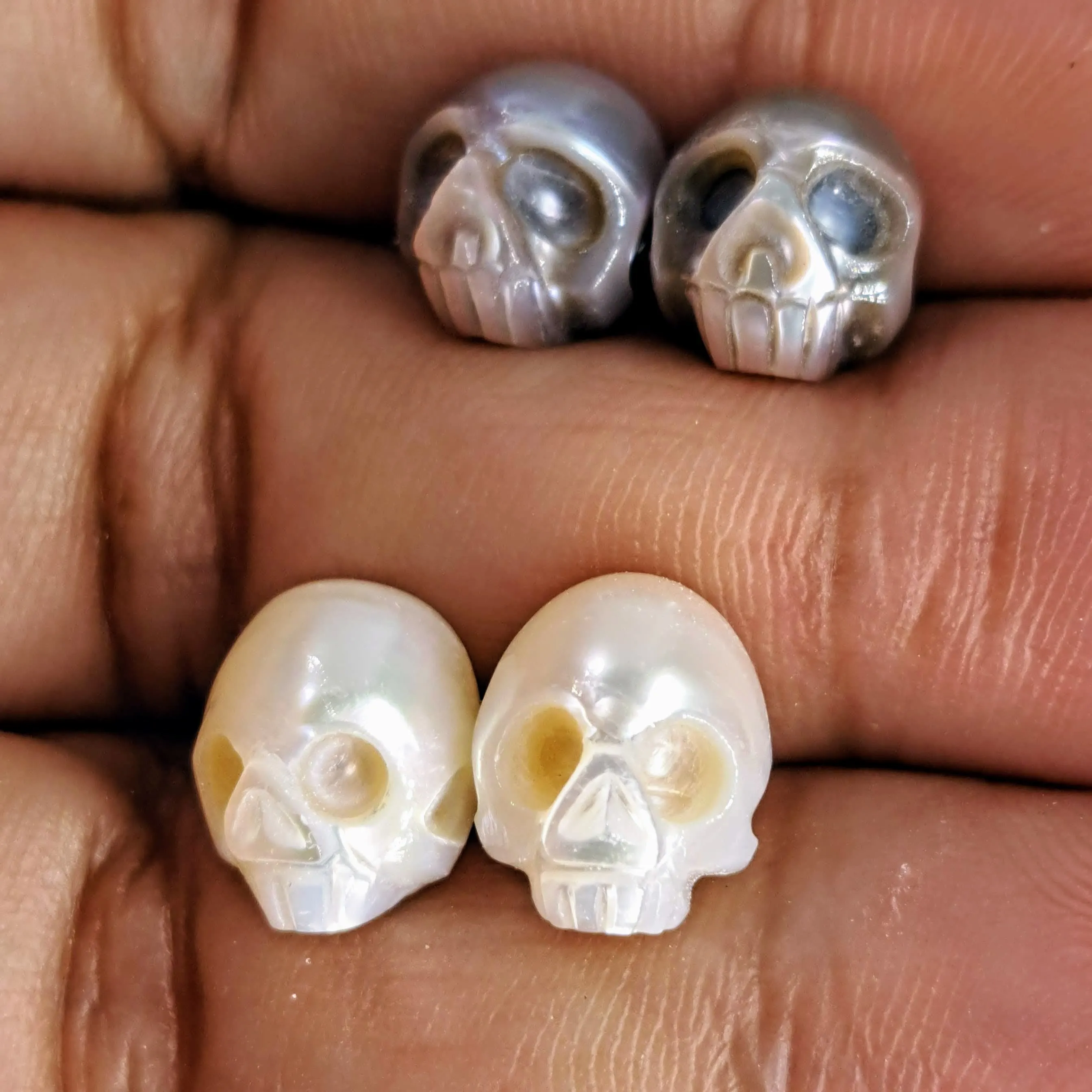"Sugar Skull" .5" Stud Earrings - Hand-carved Pearls, Sterling