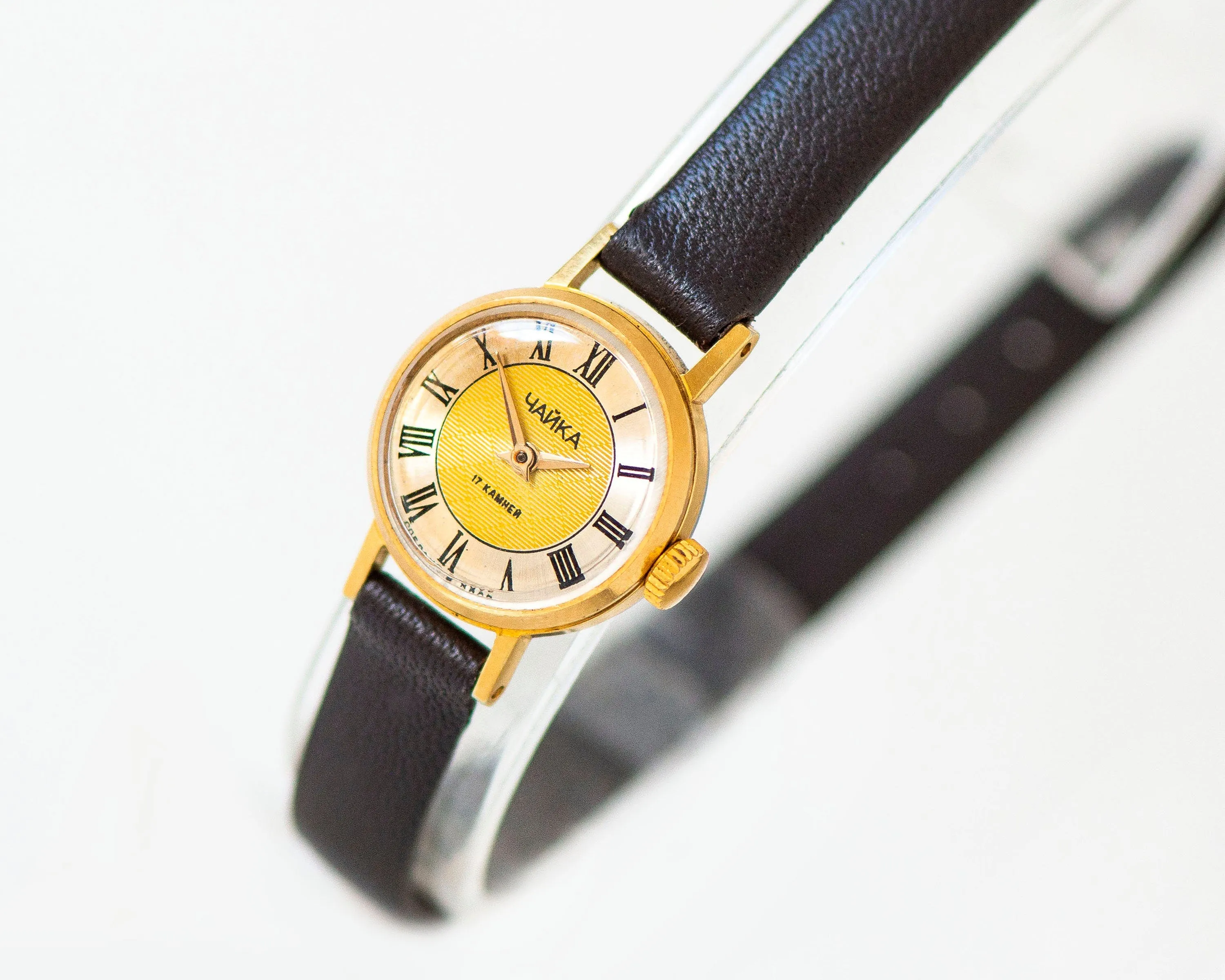 Rare yellow dial women's wristwatch Seagull, lady micro watch gold plated, Roman numerals retro girl watch gift, new premium leather strap
