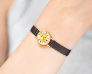 Rare yellow dial women's wristwatch Seagull, lady micro watch gold plated, Roman numerals retro girl watch gift, new premium leather strap