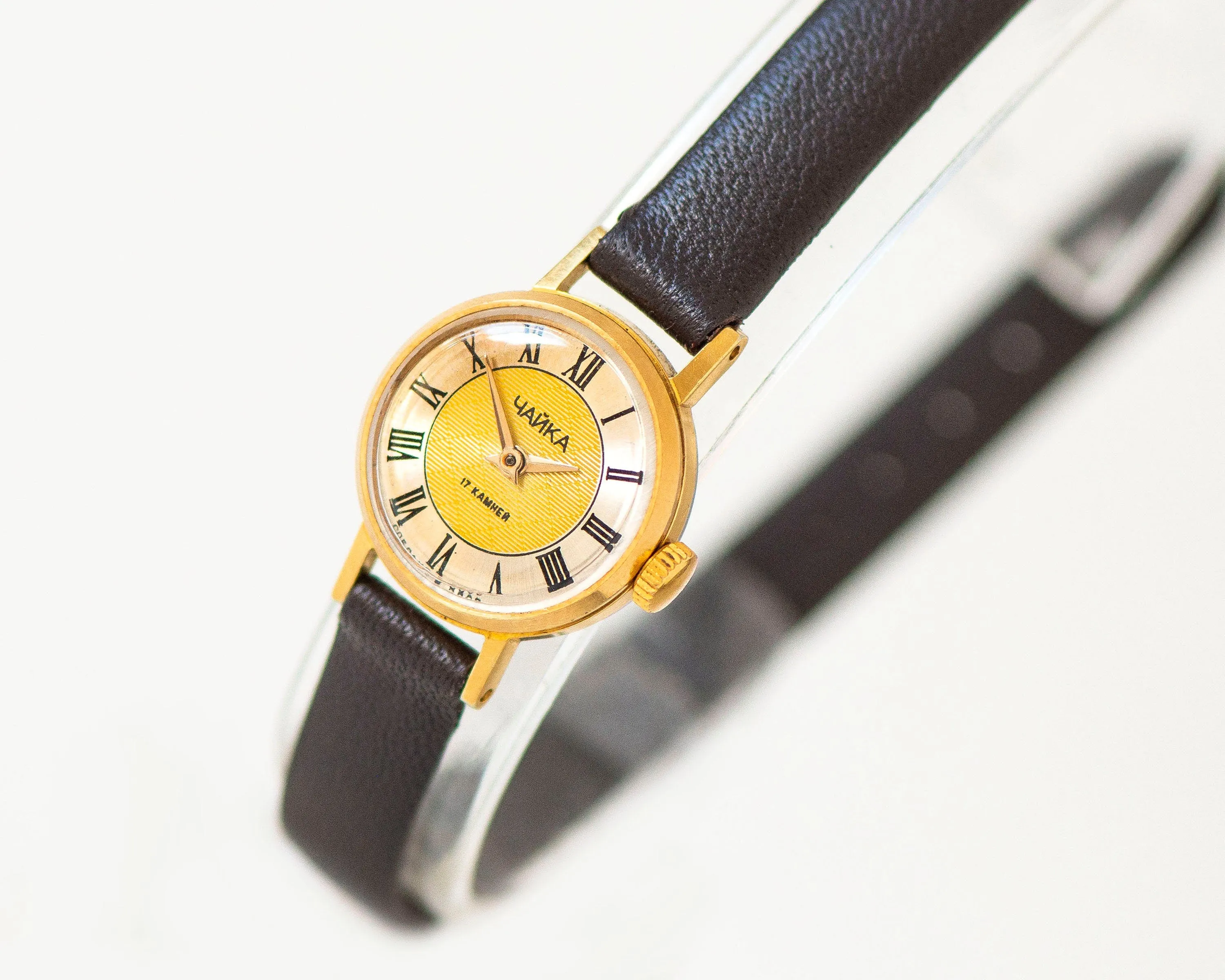Rare yellow dial women's wristwatch Seagull, lady micro watch gold plated, Roman numerals retro girl watch gift, new premium leather strap