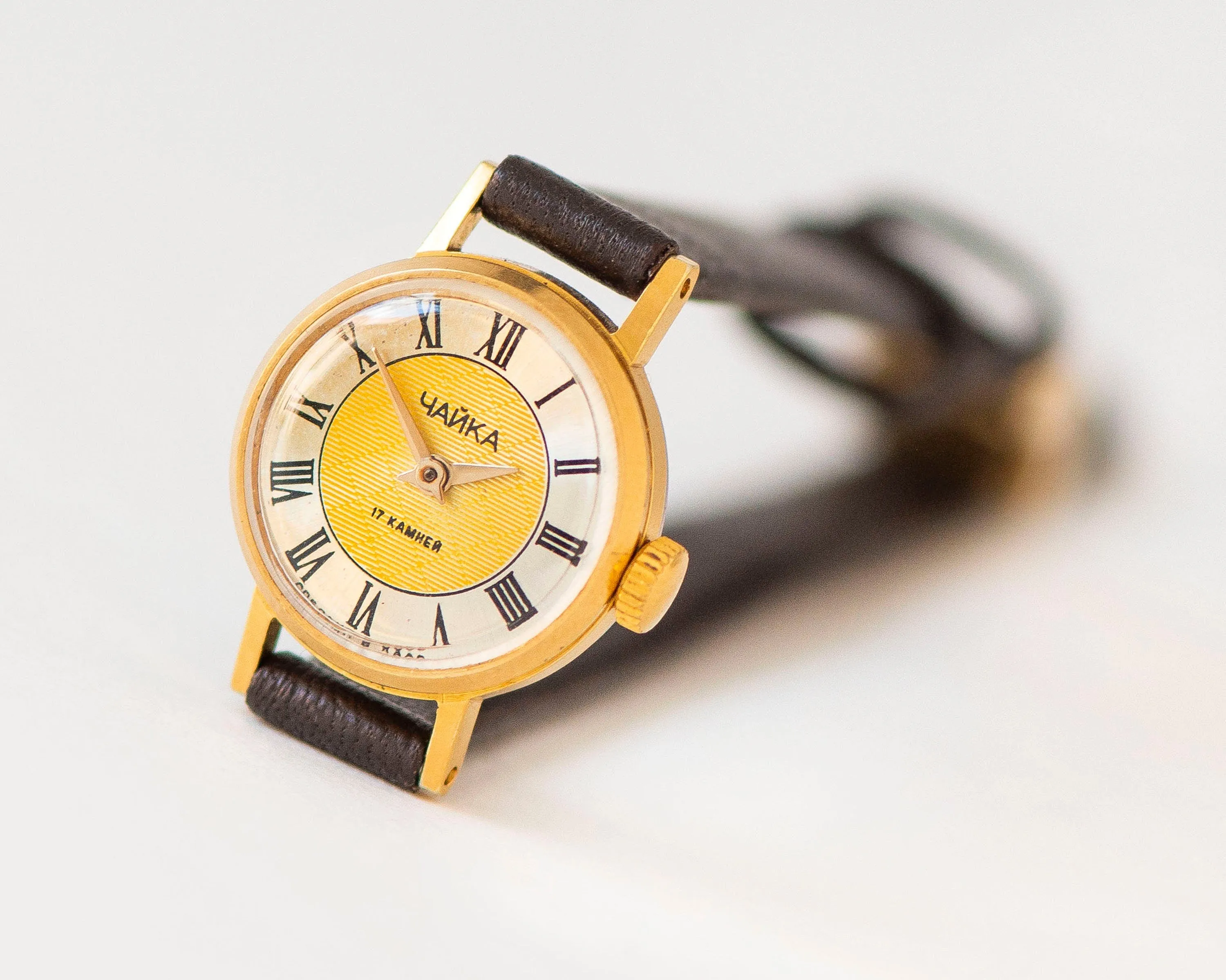 Rare yellow dial women's wristwatch Seagull, lady micro watch gold plated, Roman numerals retro girl watch gift, new premium leather strap