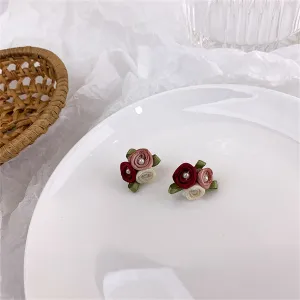 Red Mesh & Pearl Tri-Rose Stud Earrings