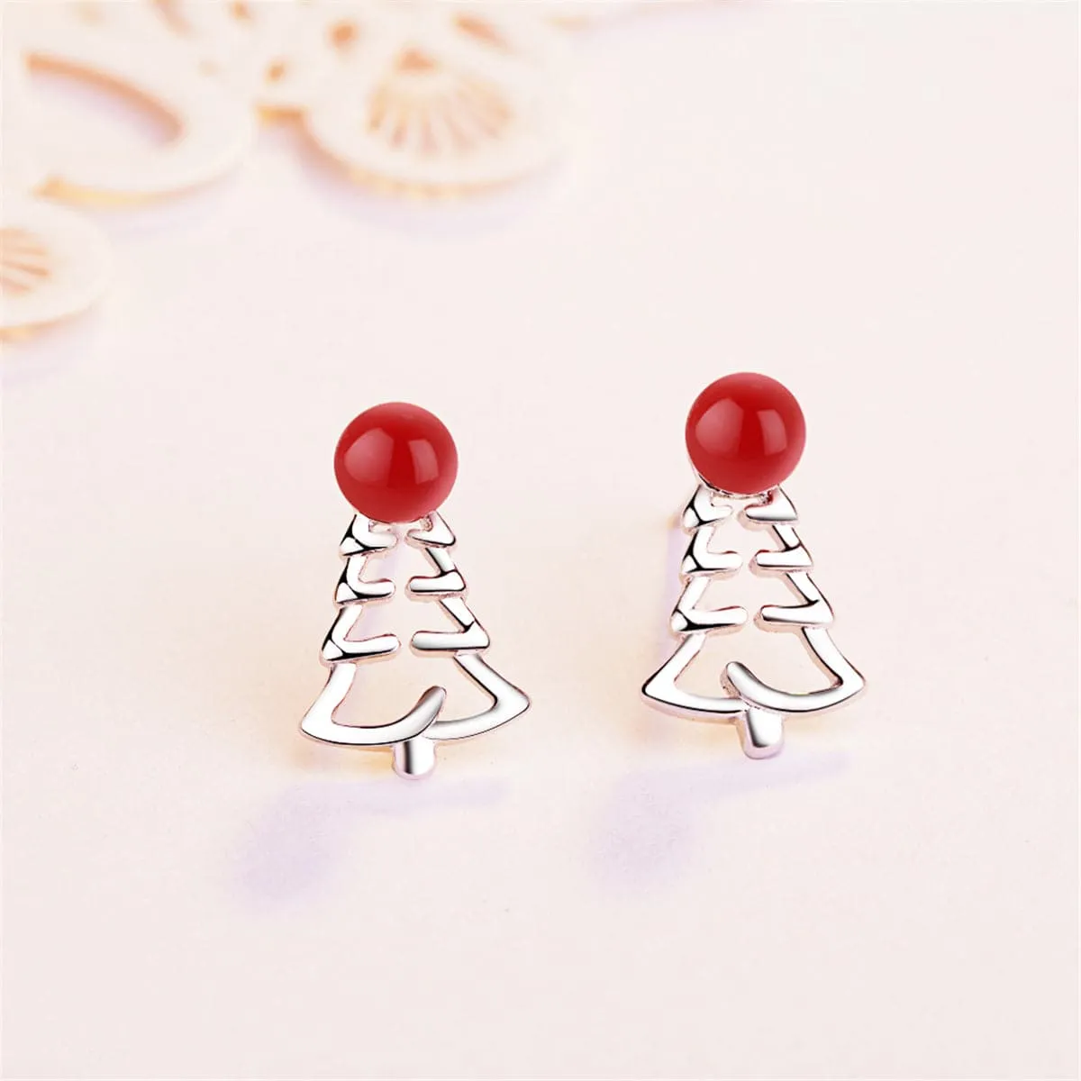 Red Pearl & Silver-Plated Tree Stud Earrings