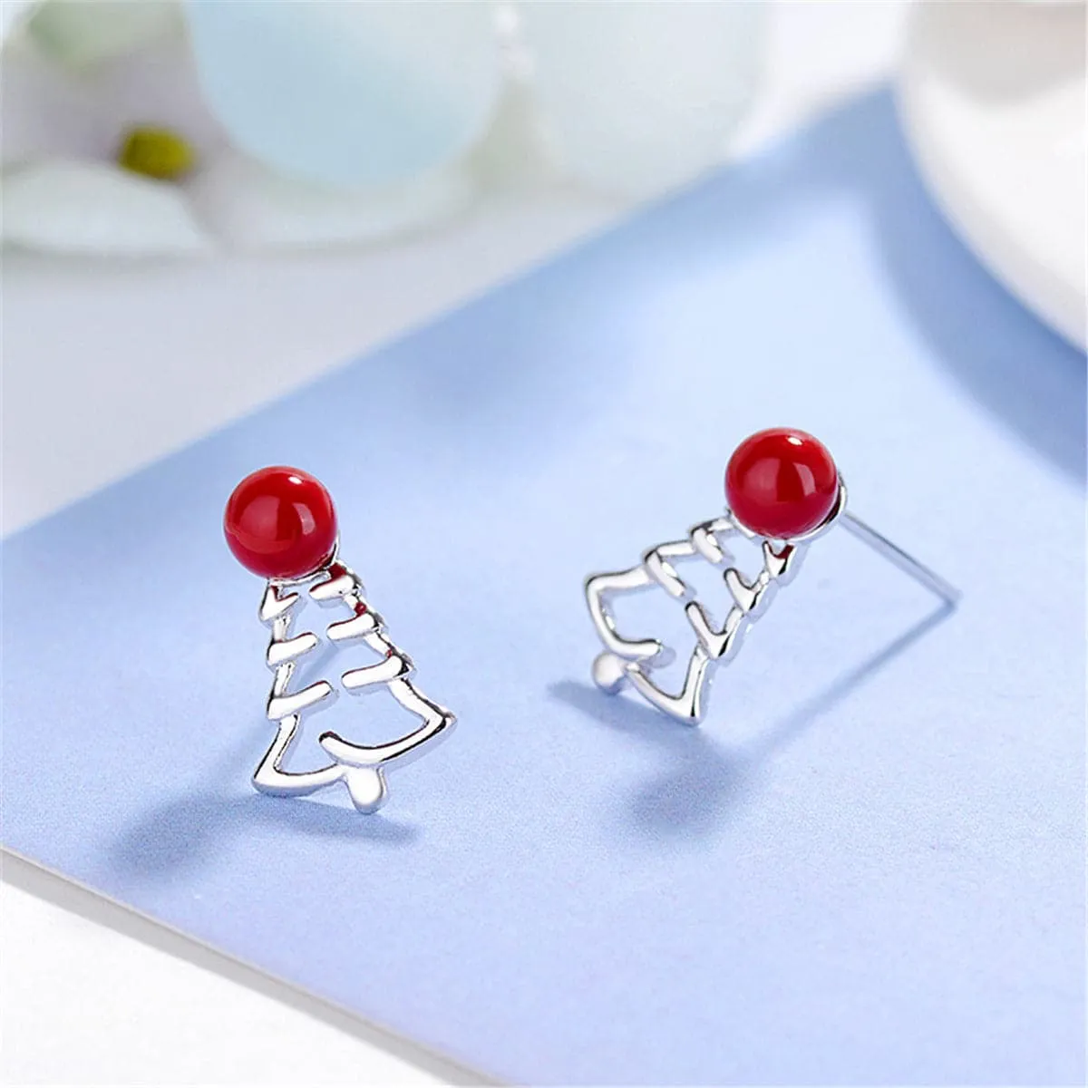 Red Pearl & Silver-Plated Tree Stud Earrings