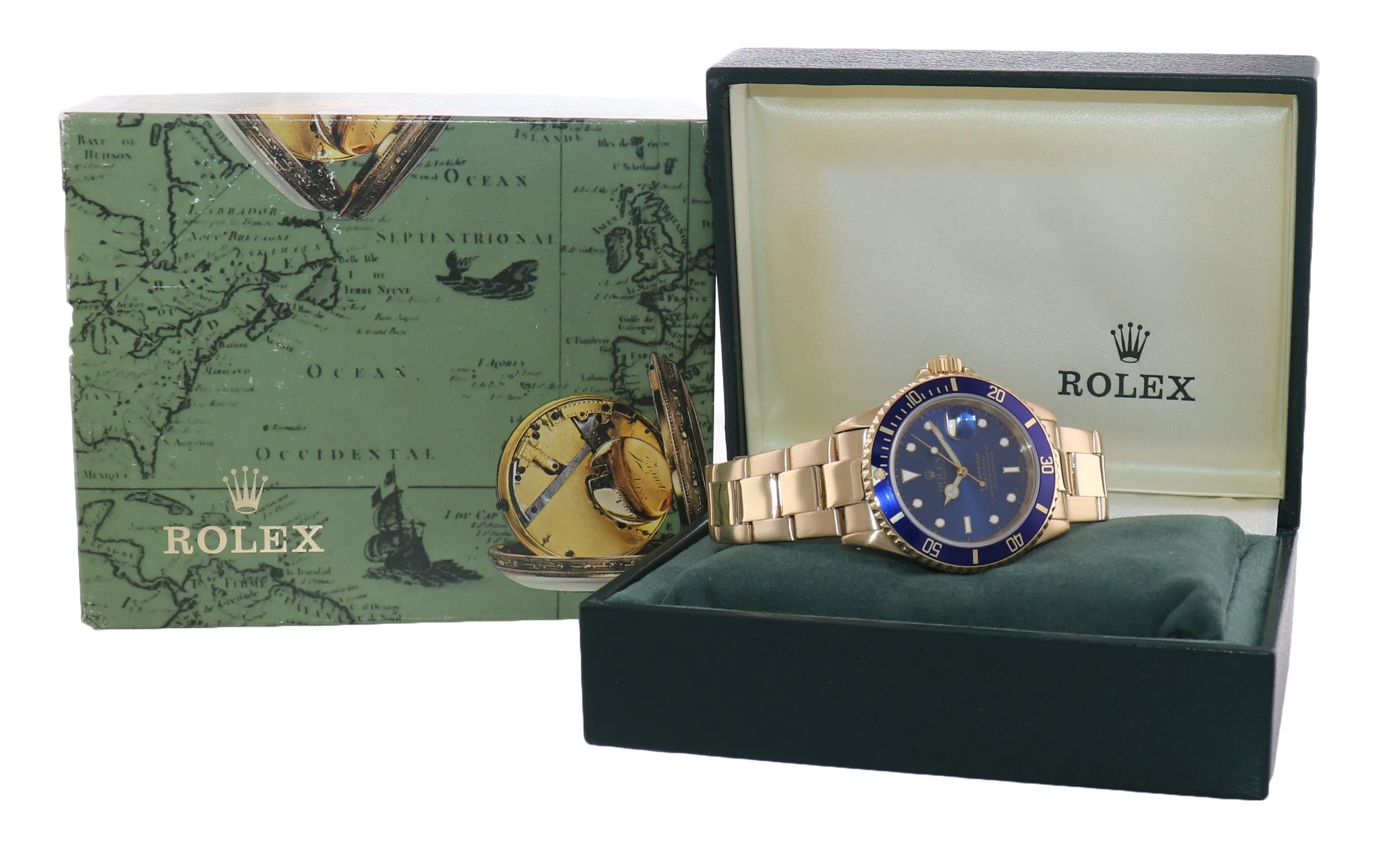 Rolex 16618 Submariner Yellow Gold Purple Blue Dial Oyster 40mm Watch Box