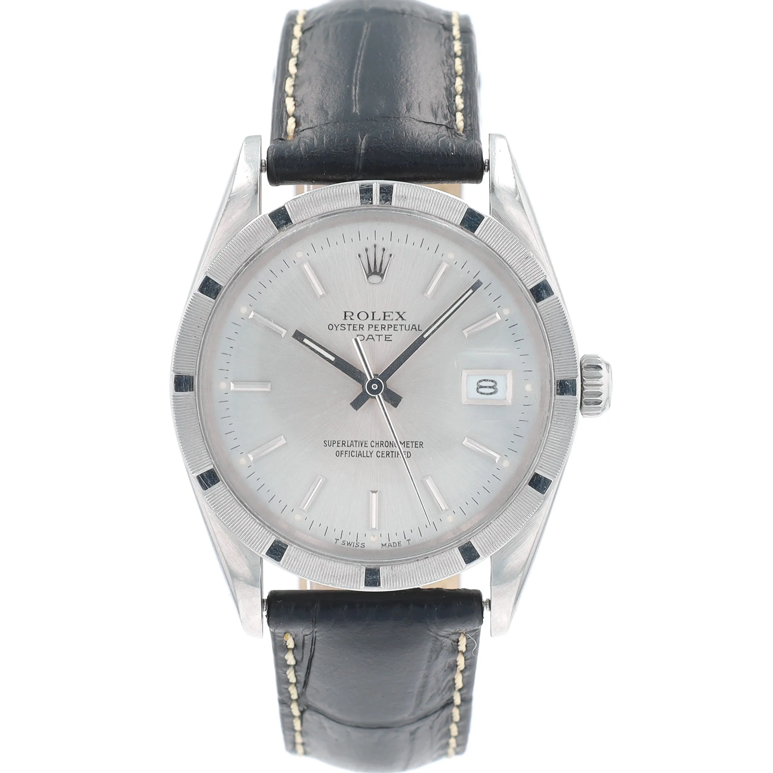 Rolex Date 15010 34mm Silver Index Dial Engine-Turned Bezel No Band Band