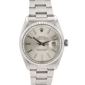 Rolex Datejust  16030 36mm Silver Index Dial Engine-Turned Bezel Oyster Band