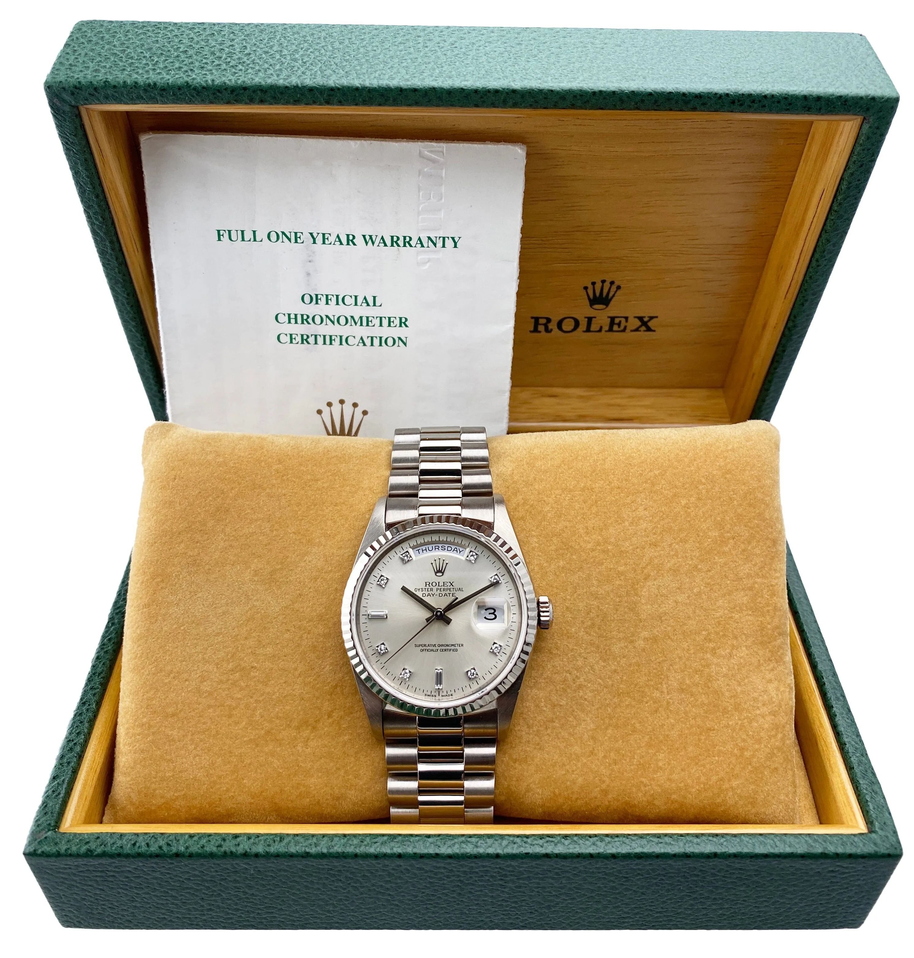 Rolex Day-Date 18239 18K White Gold Diamond Dial Mens Watch Box & Papers