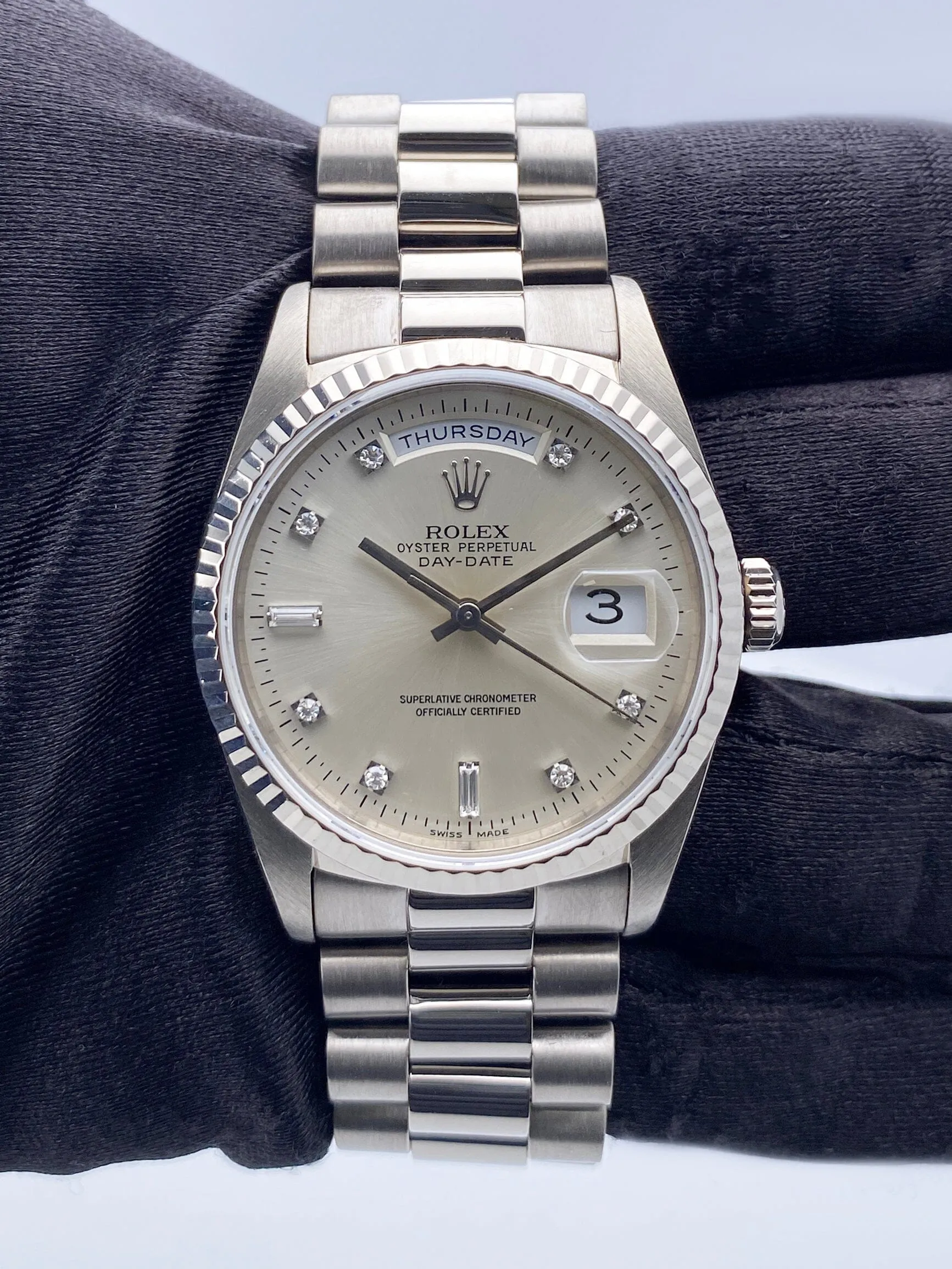 Rolex Day-Date 18239 18K White Gold Diamond Dial Mens Watch Box & Papers