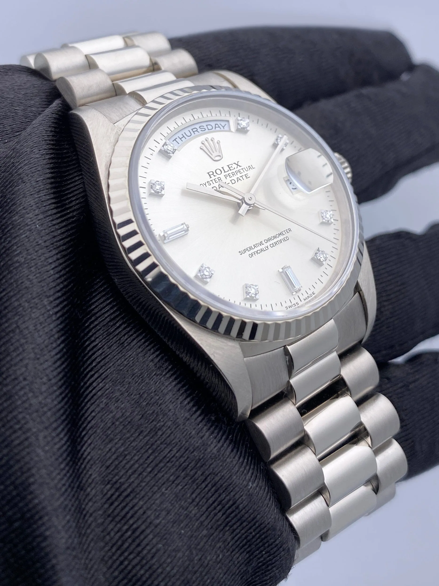 Rolex Day-Date 18239 18K White Gold Diamond Dial Mens Watch Box & Papers