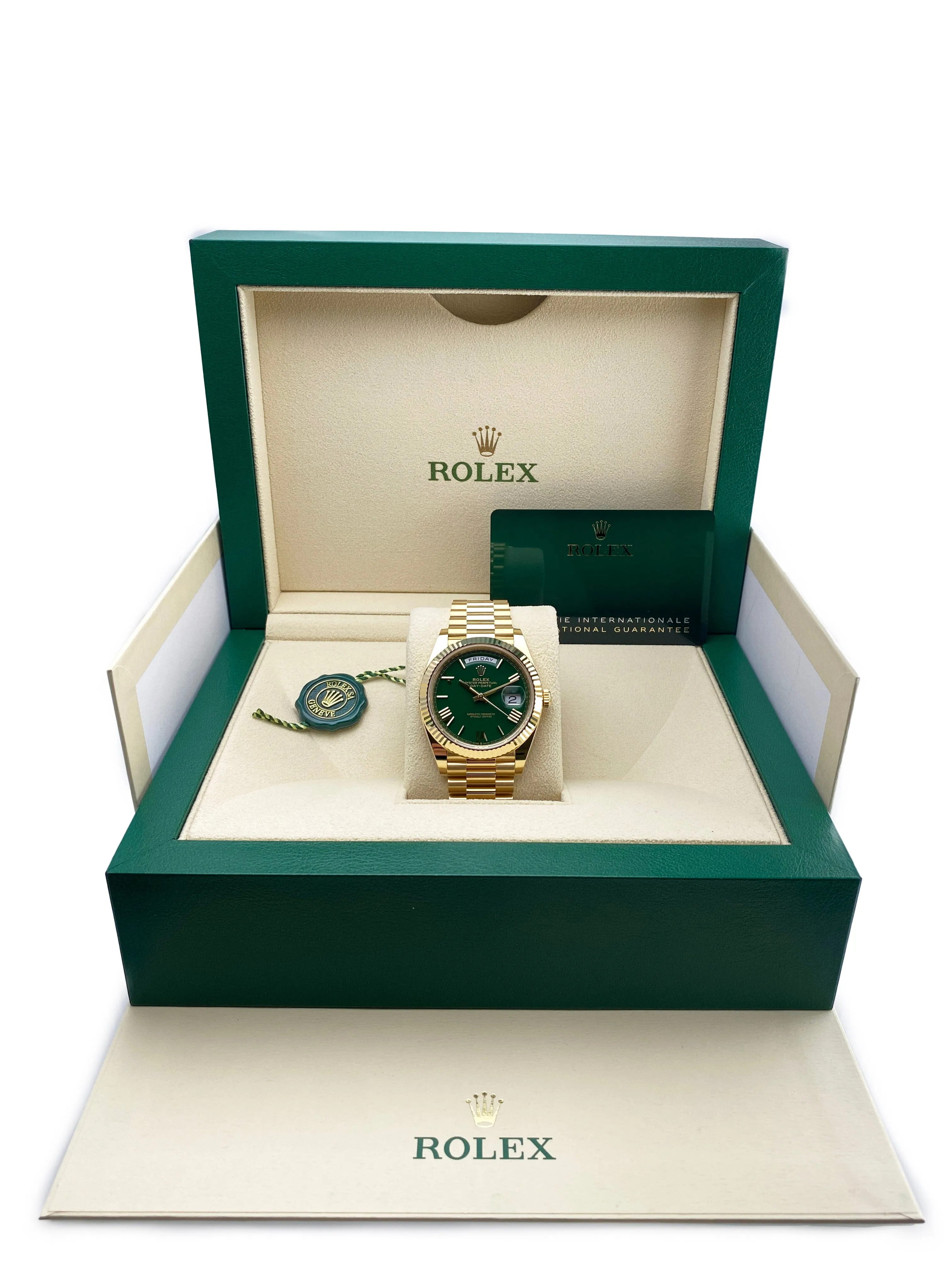 Rolex Day-Date 228238 Green Dial 18K Yellow Gold Mens Watch Box Papers